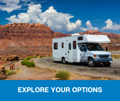 Image of RV camper in middle of canyon