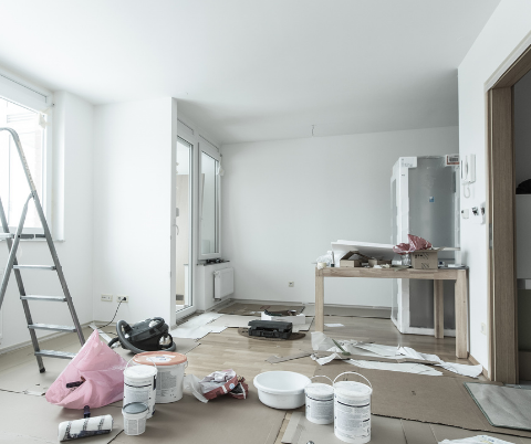 Image of house room under construction. Painting, drywall, ceiling work