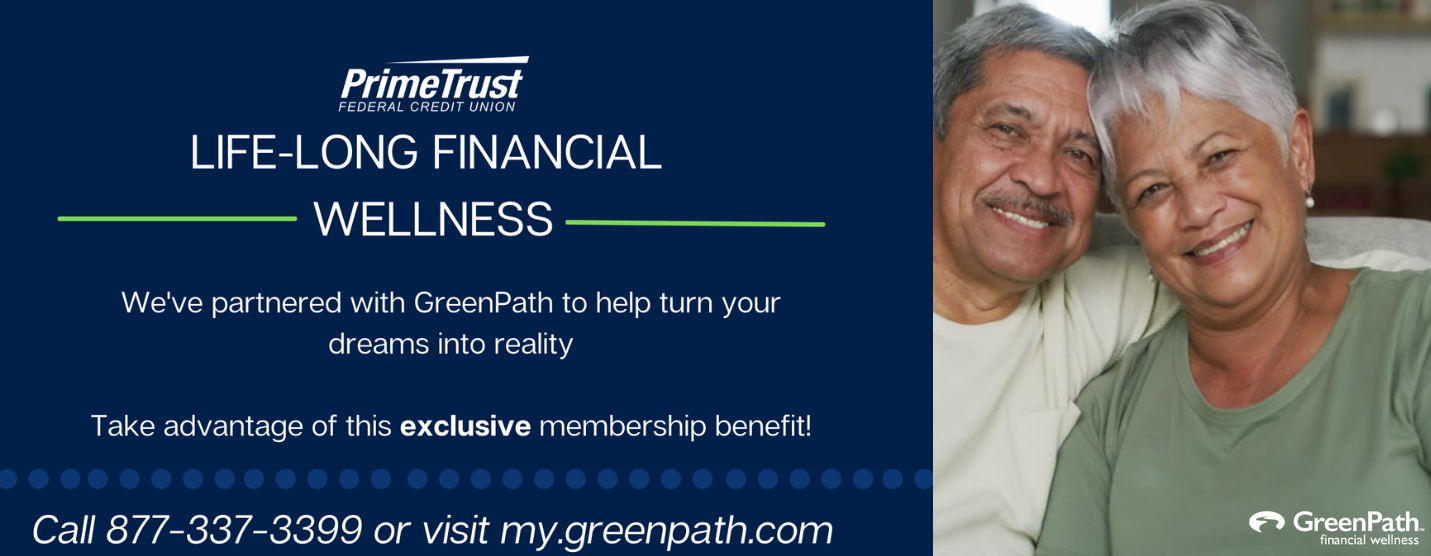 Old couple smiling next to promotional text about GreenPath Financial Wellness program.
